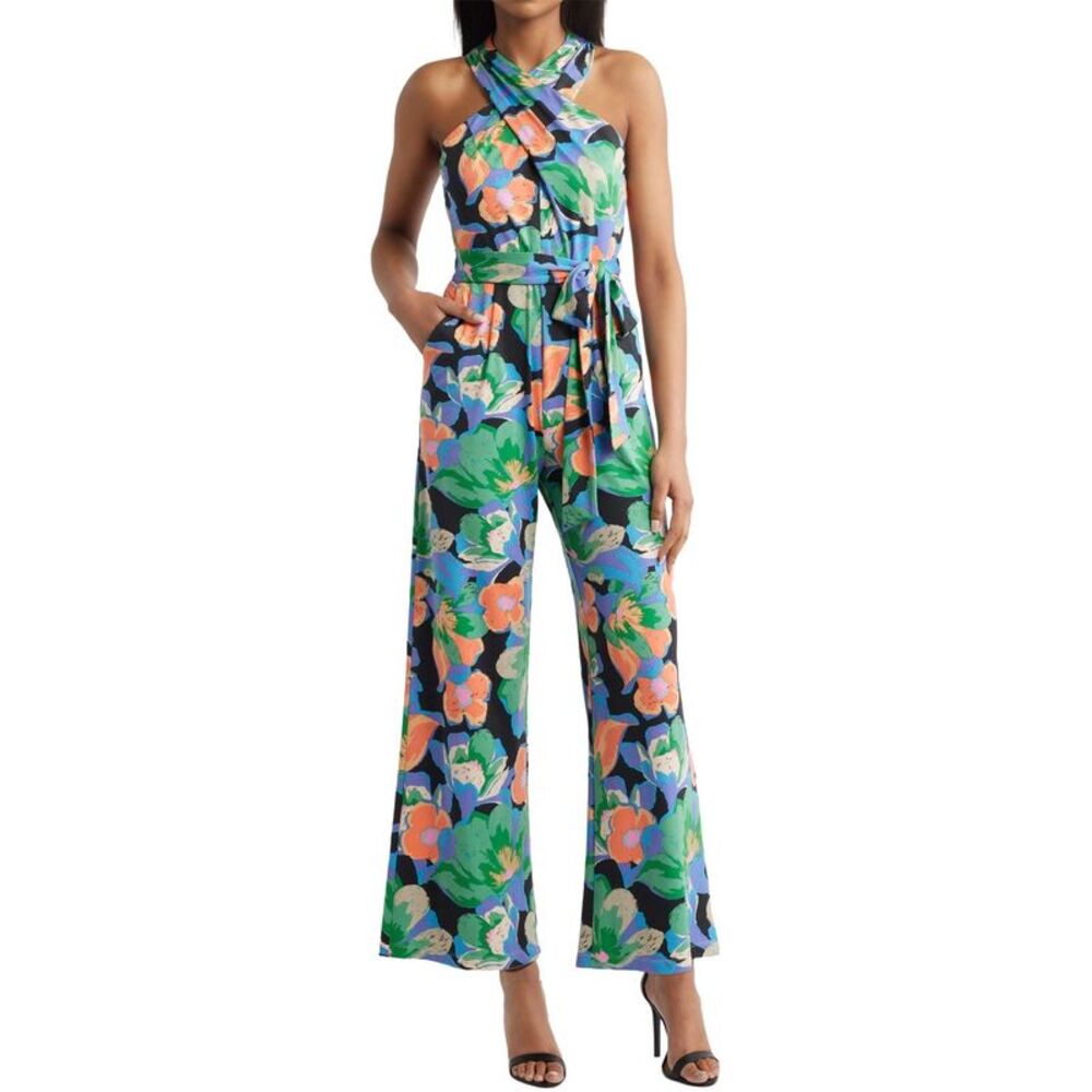 Tahari ASL Womens Twist Neck Halter Jumpsuit 10 Black/Orange - NWT $149
